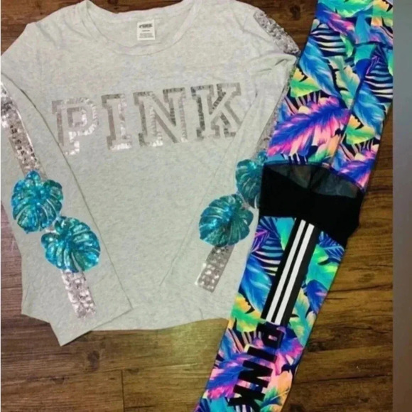 VS PINK BLING TROPICAL PALM TSHIRT/ ULTIMATE  MESH LEGGINGS OUTFIT S - Picture 2 of 9